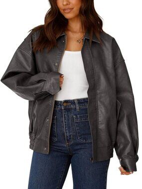 Women's Faux Leather Motorcycle Jacket Zip Up Oversized Fall Spring Winter Coat